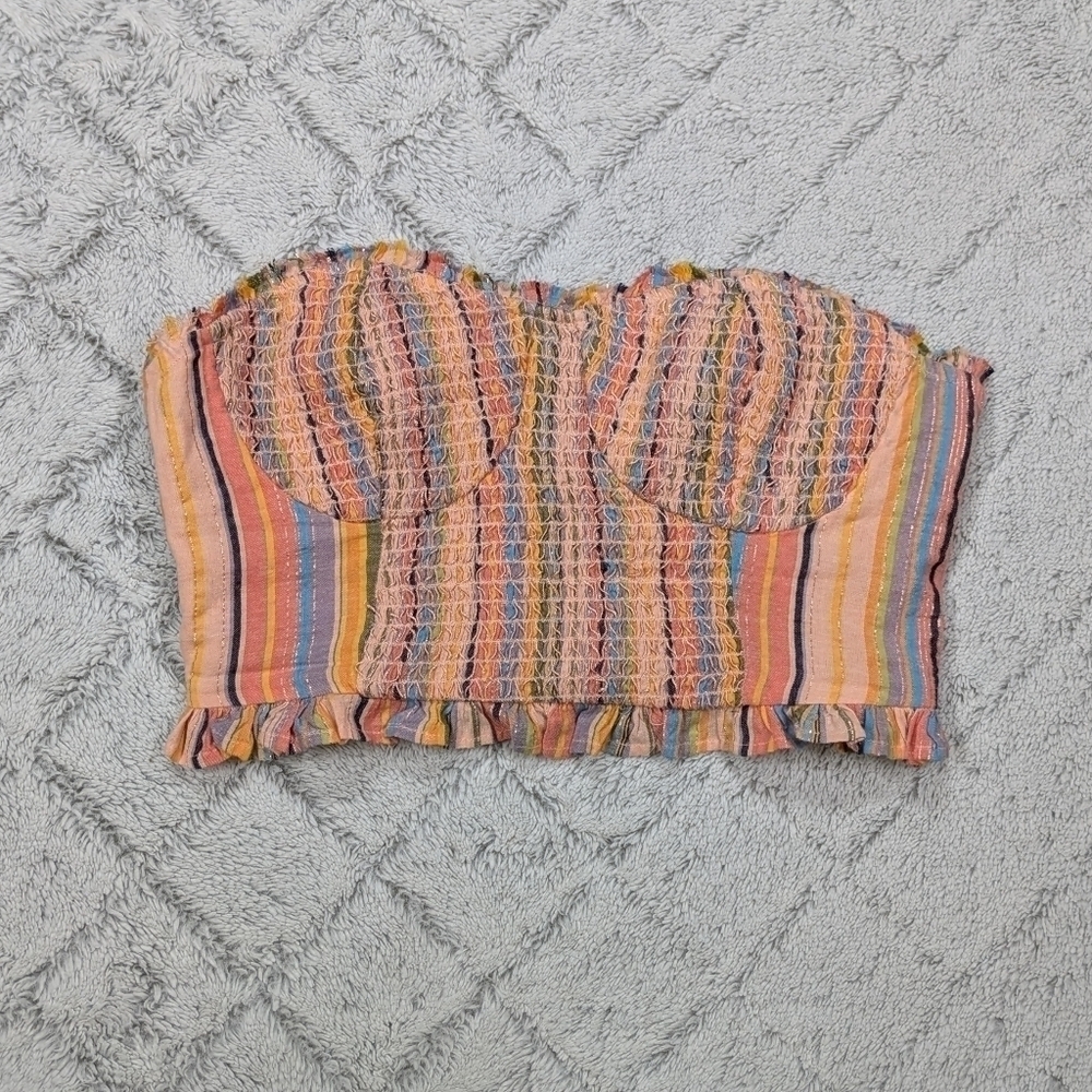Pilcro Top Women's XS Pink Rainbow Multi Smocked Tube Strapless Ruffle Trim